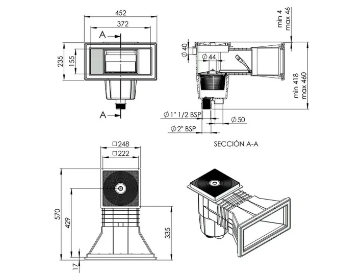 Skimer 15 l s širokim otvorom i kvadratnim poklopcem za beton